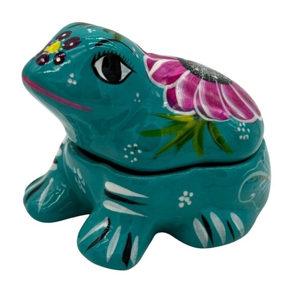 Talavera Frog Toad Trinket Box Hand painted Brightly Blue Pink Florals Mexico - Picture 2 of 6